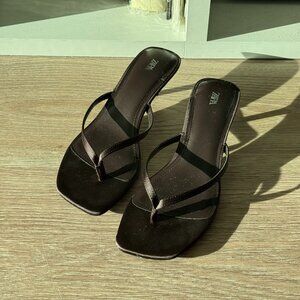 Zara Satin Kitten Heel Sandals in Chocolate Brown